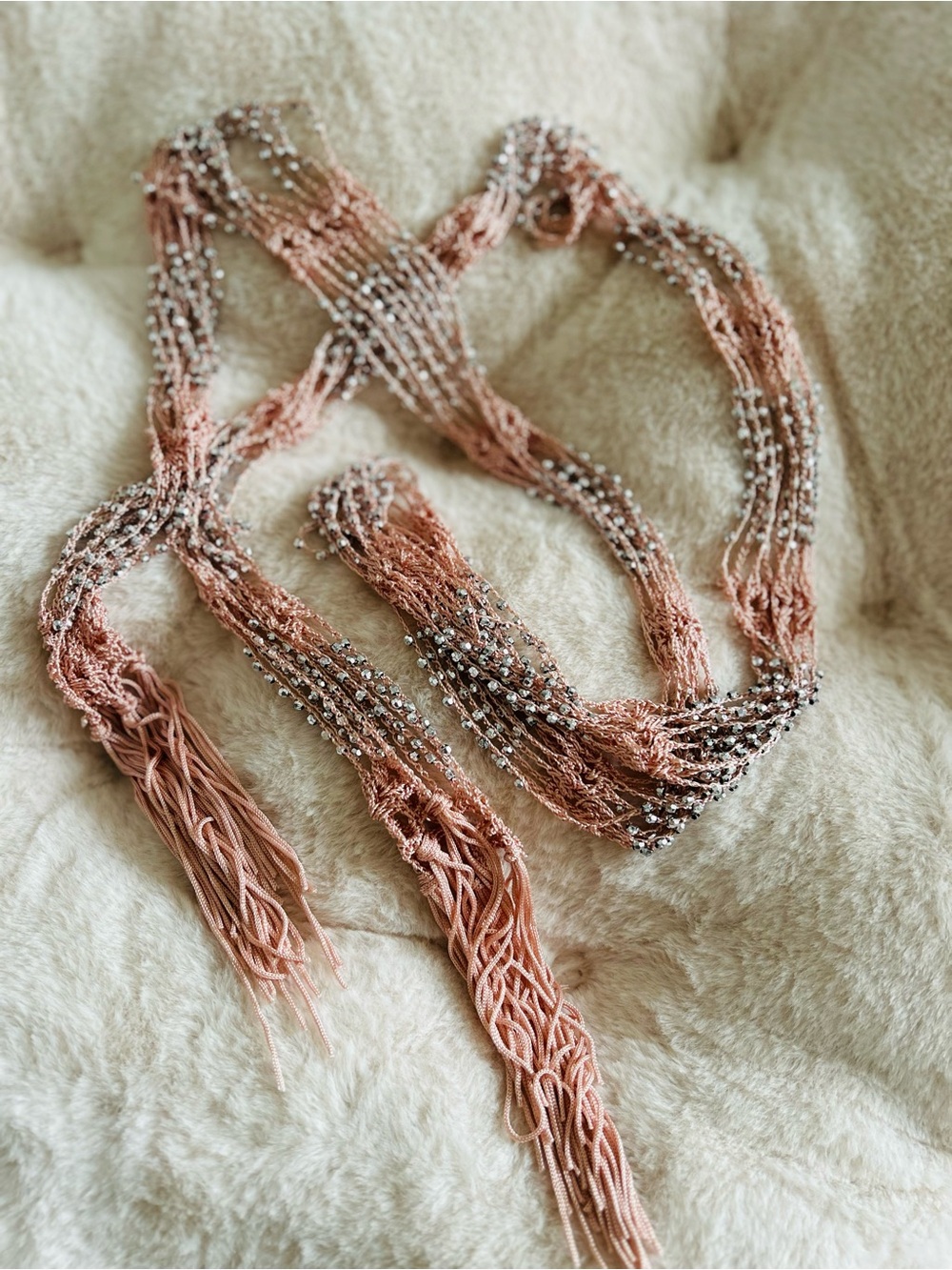 Handmade Pink Beaded Crochet Skinny Scarf